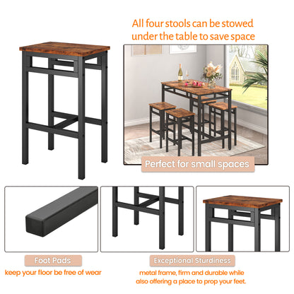 Bar table set 5PC Dinging table set with high stools, structural strengthening, industrial style (Rustic Brown，43.31''w x 23.62''d x 35.43''h)