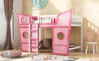 Full Size Boat Shape Loft Bed with Ladder-Pink