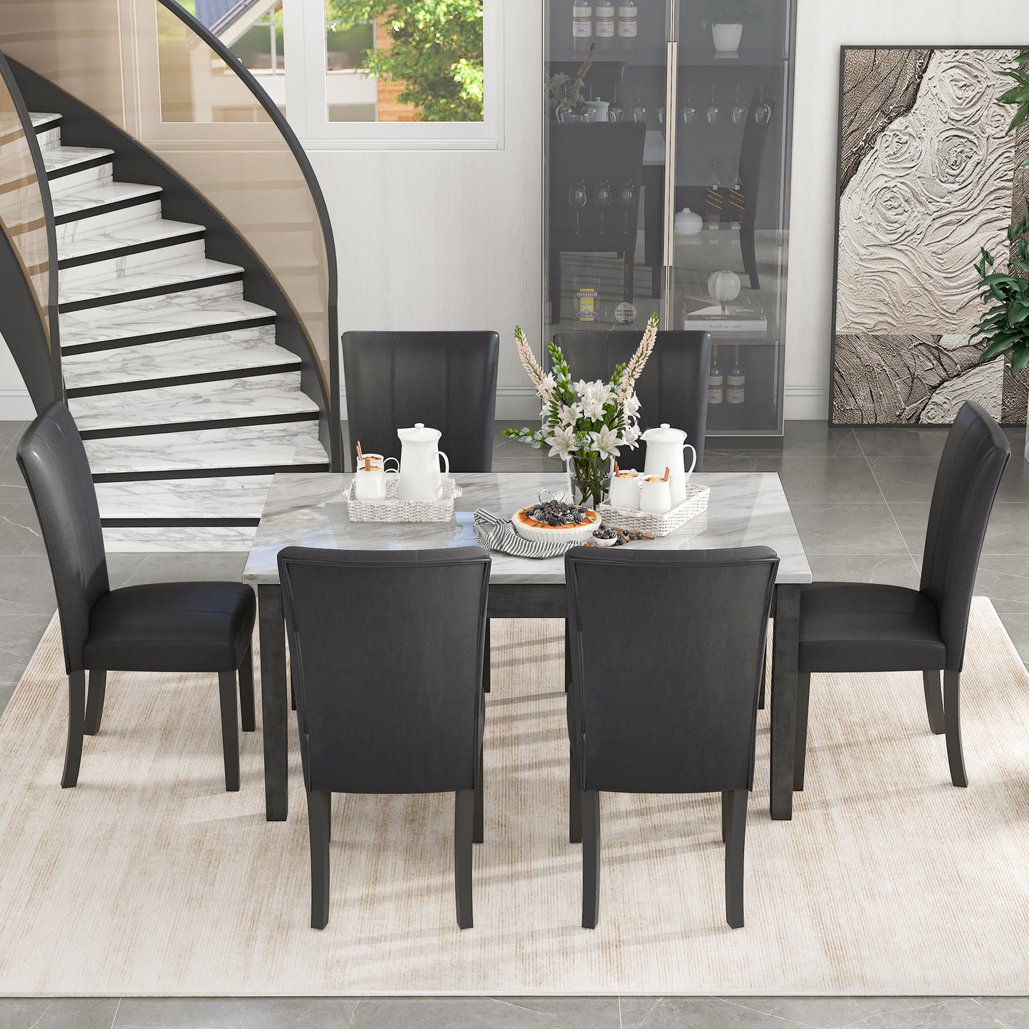 7-piece Dining Table with 2 drawers, table :59.7”x34.5”x30”, chair: 20.5”x26.3”x38.5”,Black