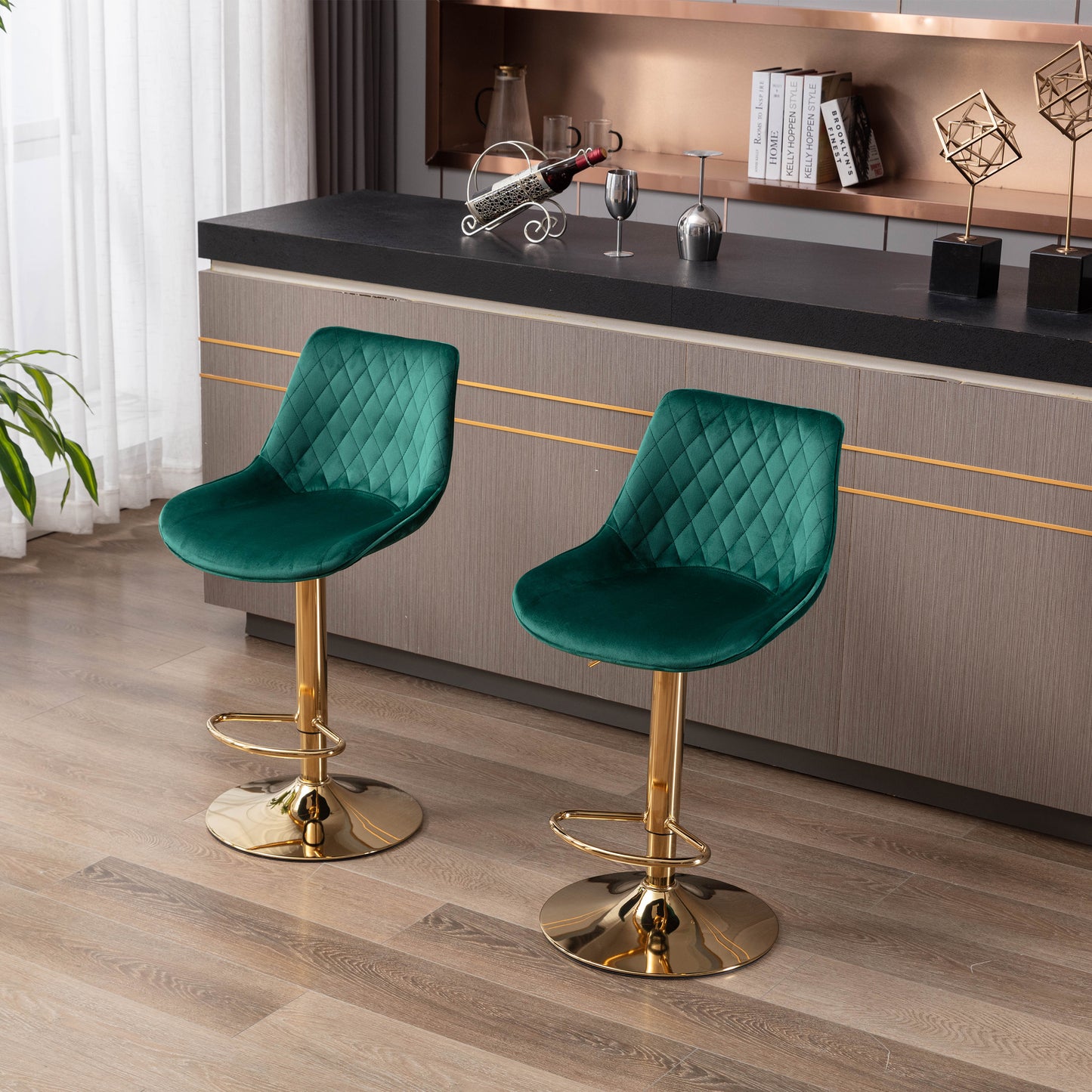 Set of 2  Bar Stools,with Chrome Footrest and Base Swivel Height Adjustable Mechanical Lifting Velvet + Golden Leg Simple Bar Stool-green