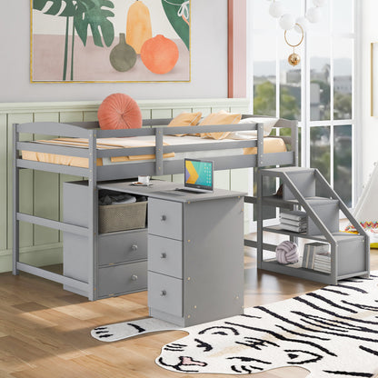 Twin Size Loft Bed with Multifunctional Movable Built-in Desk and and Staircase,Gray(OLD SKU:GX000925AAK)