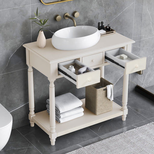 36" Bathroom Vanity Base without Sink, Open Storage Shelf, Two Drawers, Pre-Drilled Holes, Roman Style, Antique White