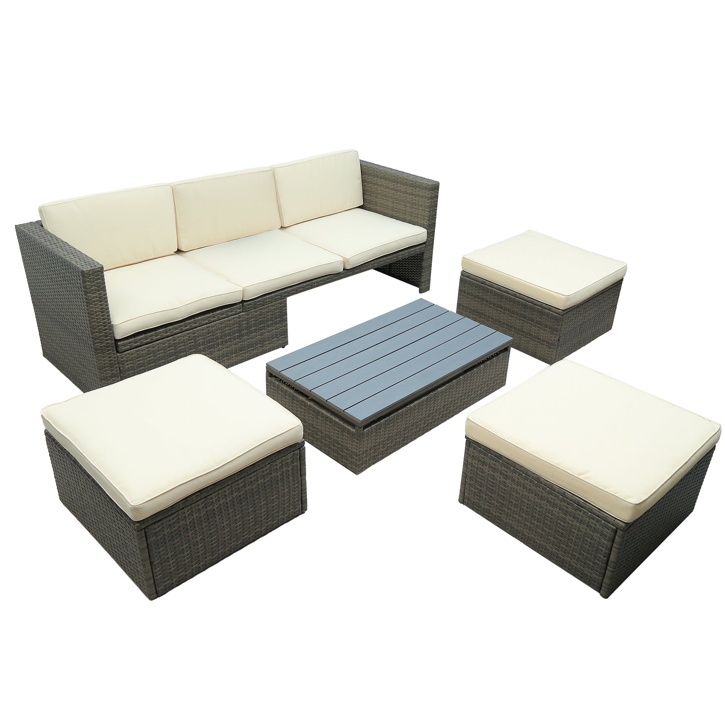 U_STYLE Patio Furniture Sets, 5-Piece Patio Wicker Sofa with Adustable Backrest, Cushions, Ottomans and Lift Top Coffee Table