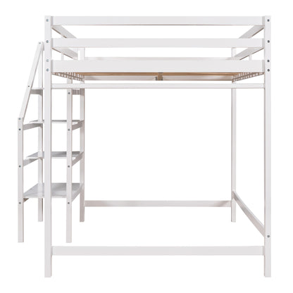 Full Size Loft Bed with Built-in Storage Staircase and Hanger for Clothes,White