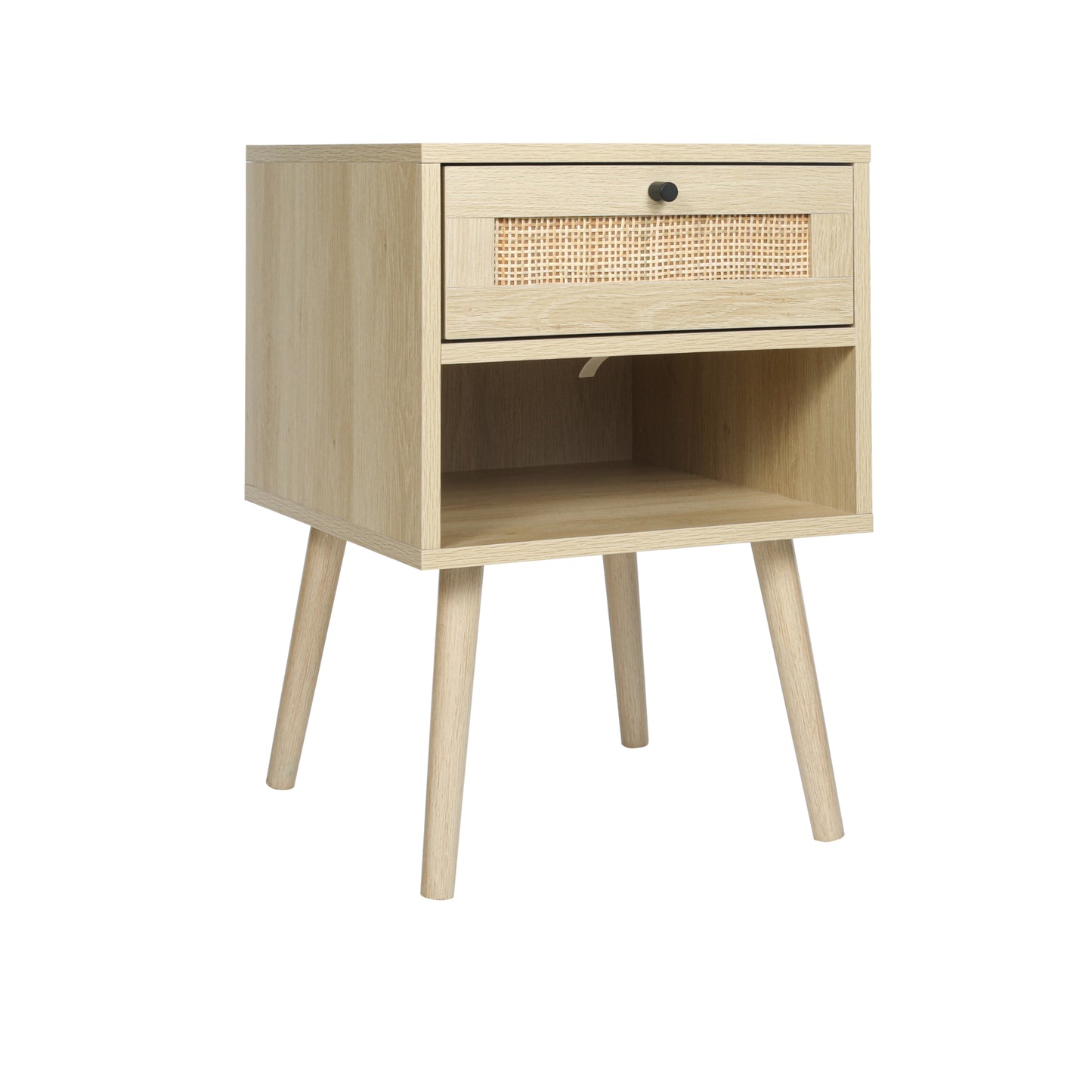 Rattan Nightstands with Rattan-Like Decor Drawer, End Tables with Solid Wood Legs, Side Tables with Open Storage, for Bedroom, Living Room