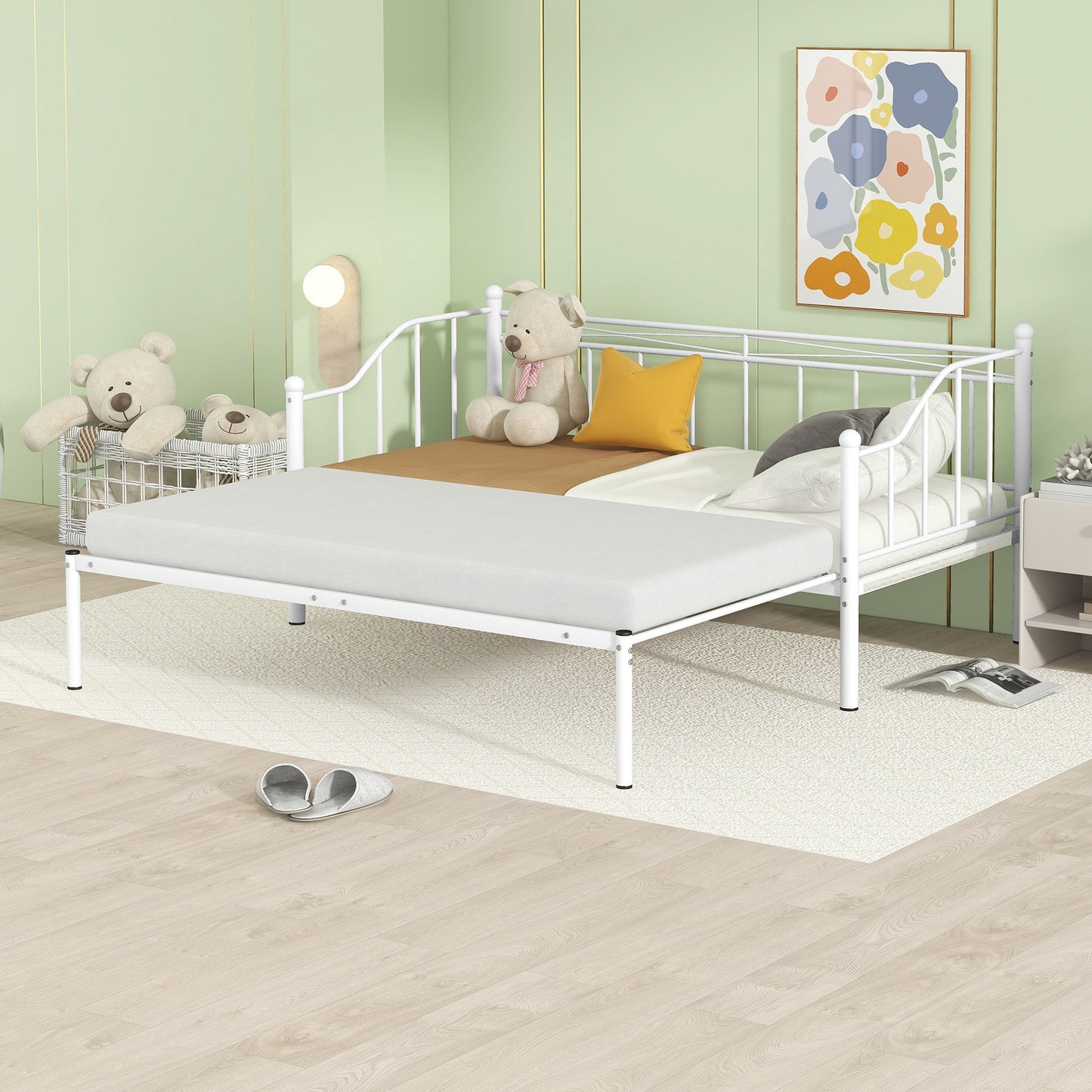 Twin Size Metal Daybed with Trundle, Daybed with Slat No Box required White