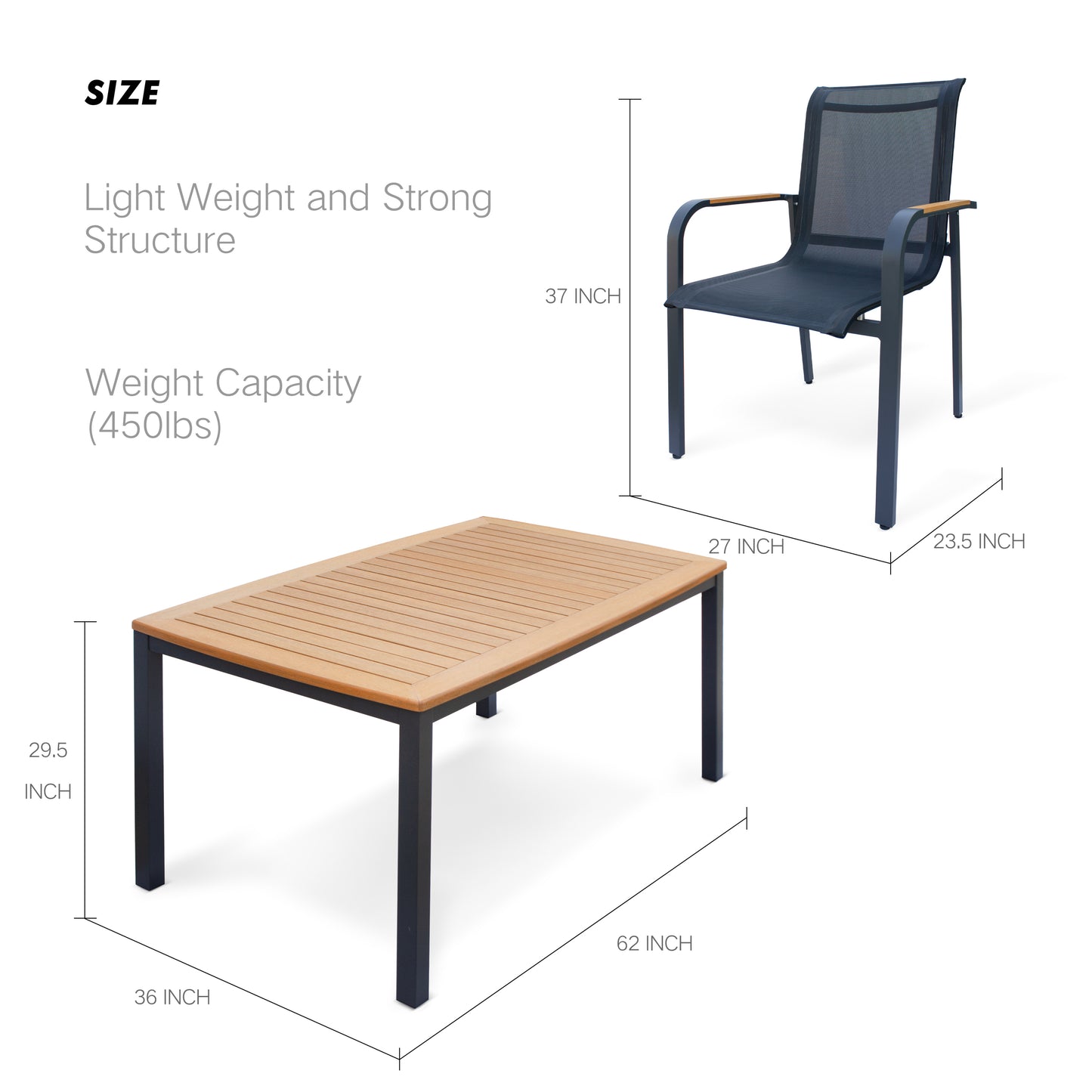 Otis Outdoor Dining Set, Luxury Faux Wood Tabletop & Arm-rest Commercial Grade Powder-Coasted Aluminum Base, 7 Pieces Outdoor Dining Set