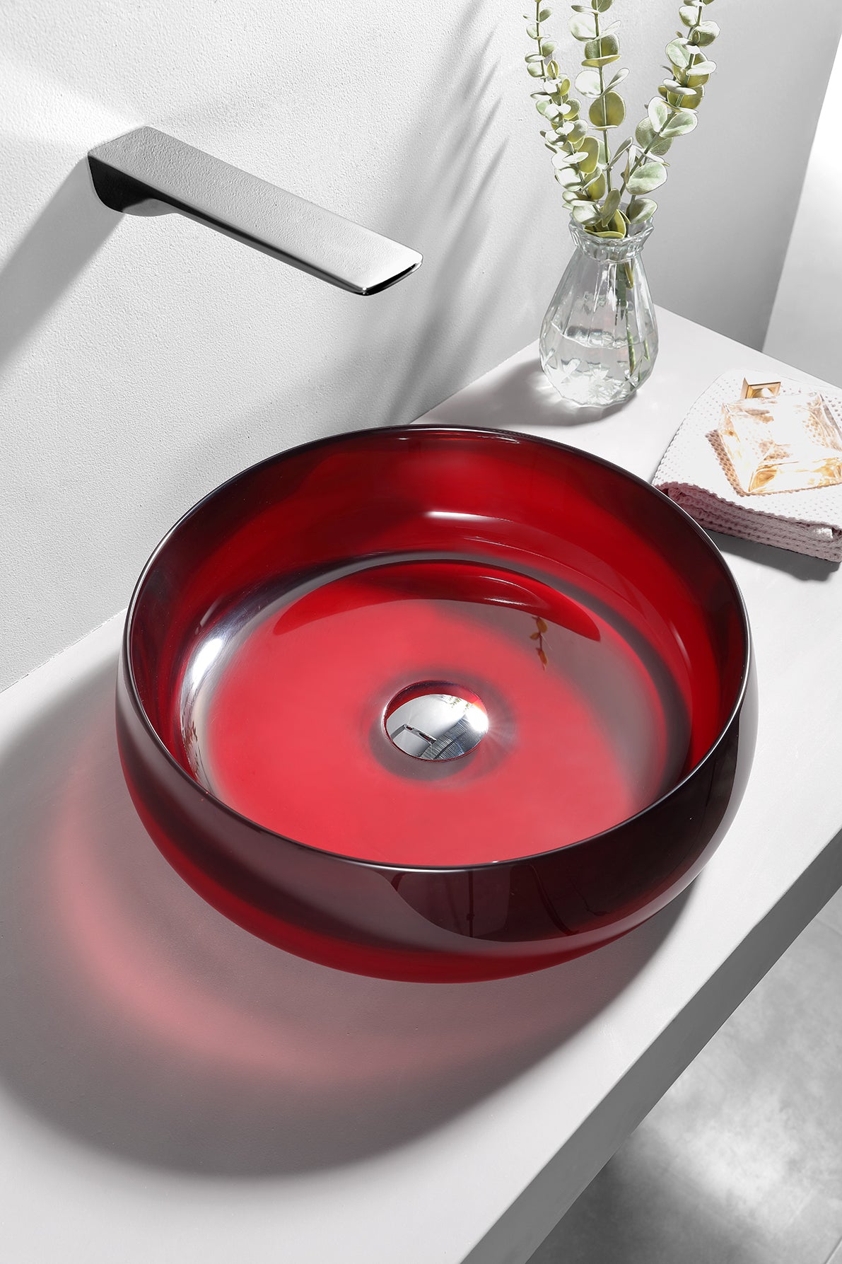 D15.7''  Transparent Crystal Red Bathtoom Vessel Basin Resin Stone Solid Surface Countertop Sink D400MM