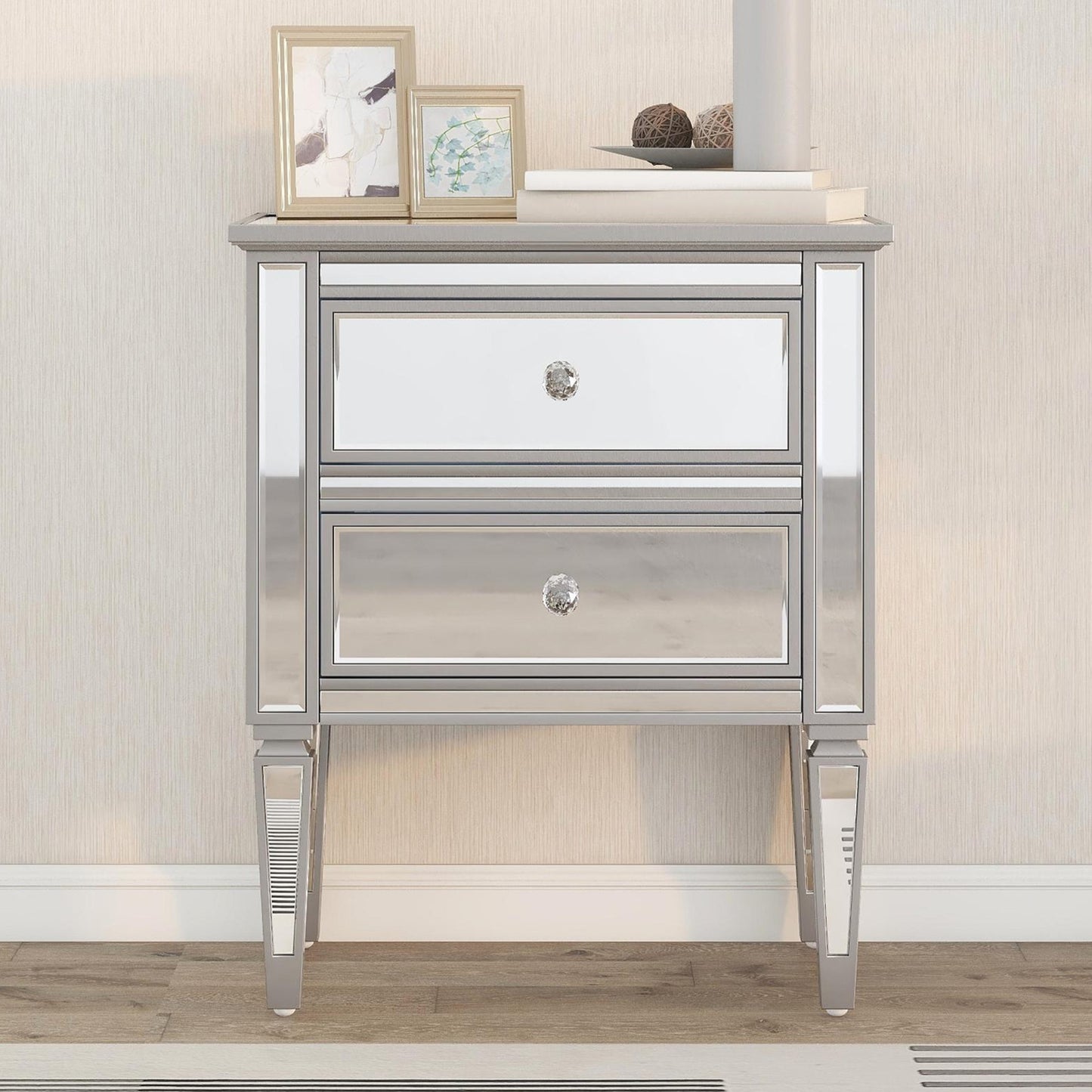 Elegant Mirrored Nightstand with 2 Drawers, Modern Silver Finished End Table Side Table for Living Room Bedroom