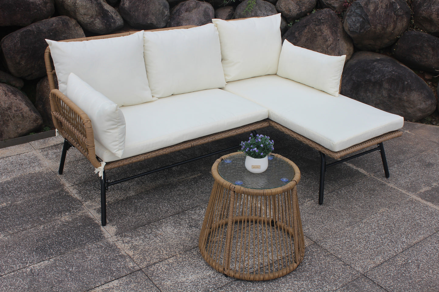 3PCS Outdoor Patio Balcony L Shape Natural Color PE Wicker Sofa Set with Beige Cushion,Round Tempered Glass Table and Furniture Cover