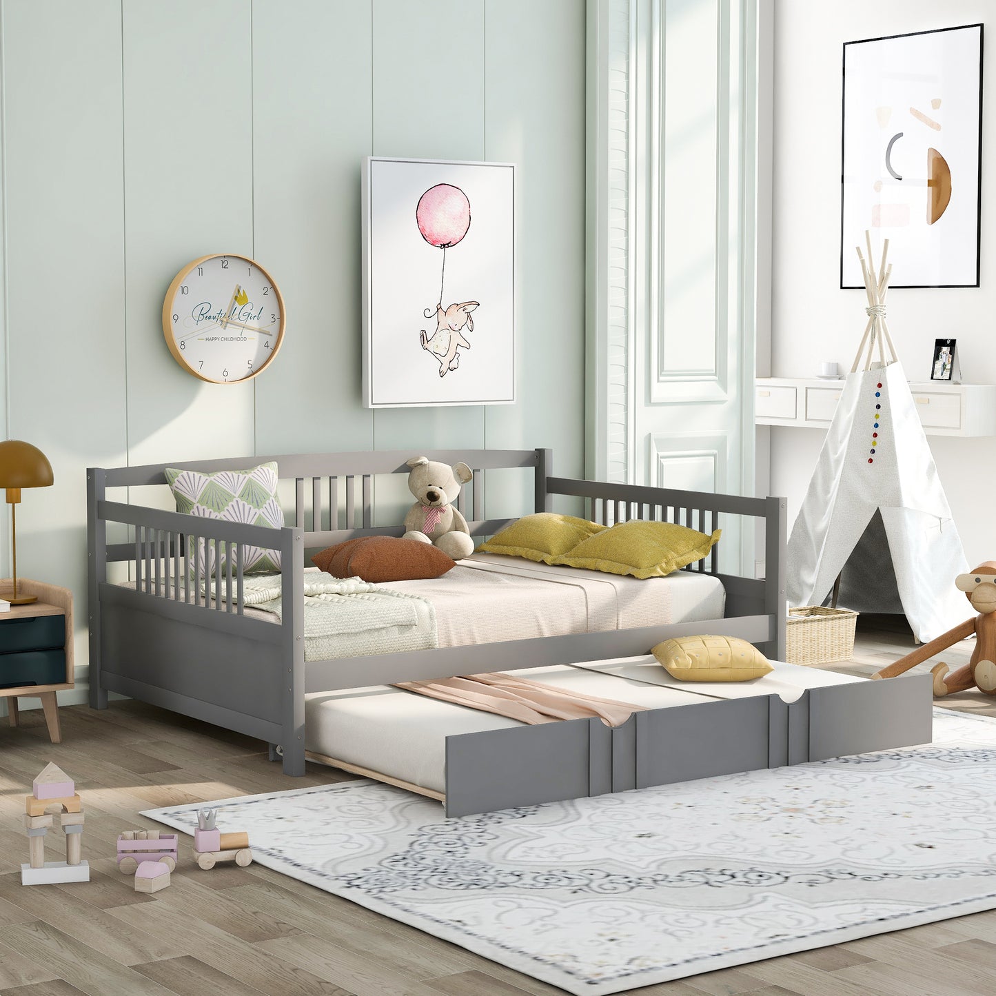 Full Size Daybed Wood Bed with Twin Size Trundle,Gray