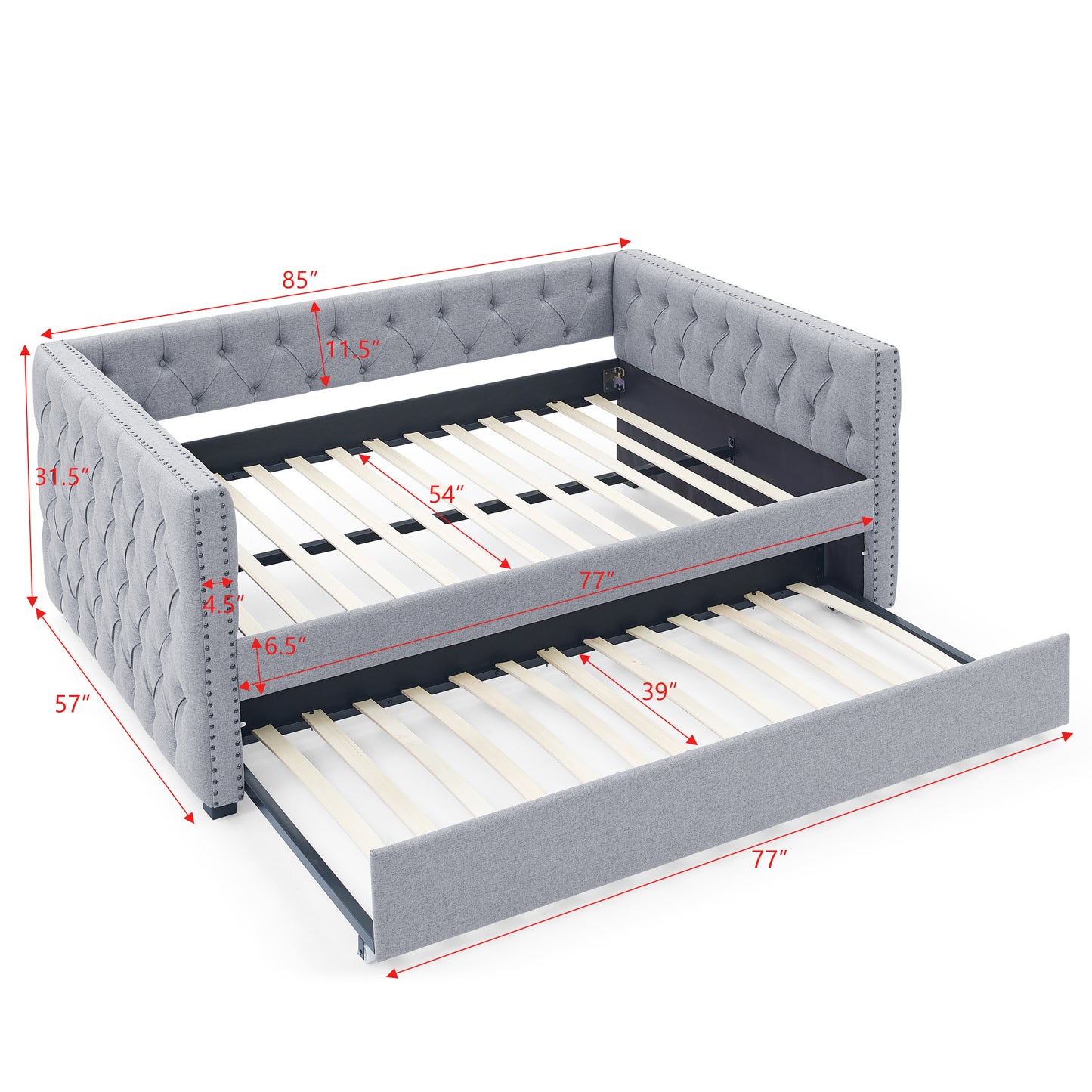 Daybed with Trundle Upholstered Tufted Sofa Bed, with Button and Copper Nail on Square Arms，Full Daybed & Twin Trundle, Grey（85“x57”x31.5“）