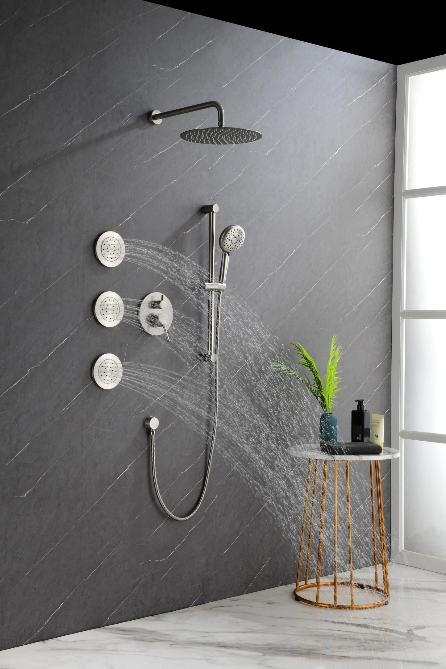 Shower System with Shower Head, Hand Shower, Slide Bar, Bodysprays, Shower Arm, Hose, Valve Trim, and Lever Handles