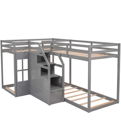 Twin over Twin L-Shaped Bunk Bed with Built-in Middle Staircase,Gray