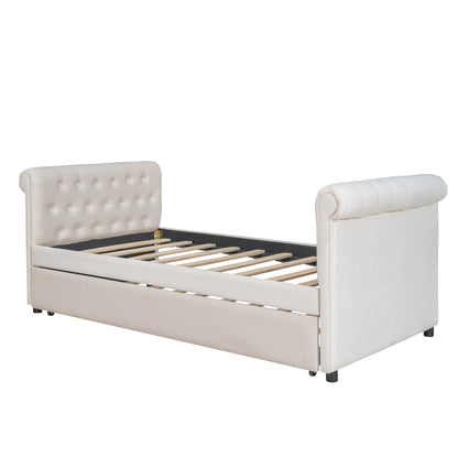 Twin Size Upholstered daybed with Trundle, Wood Slat Support, Beige(OLD SKU :LP000116AAA)