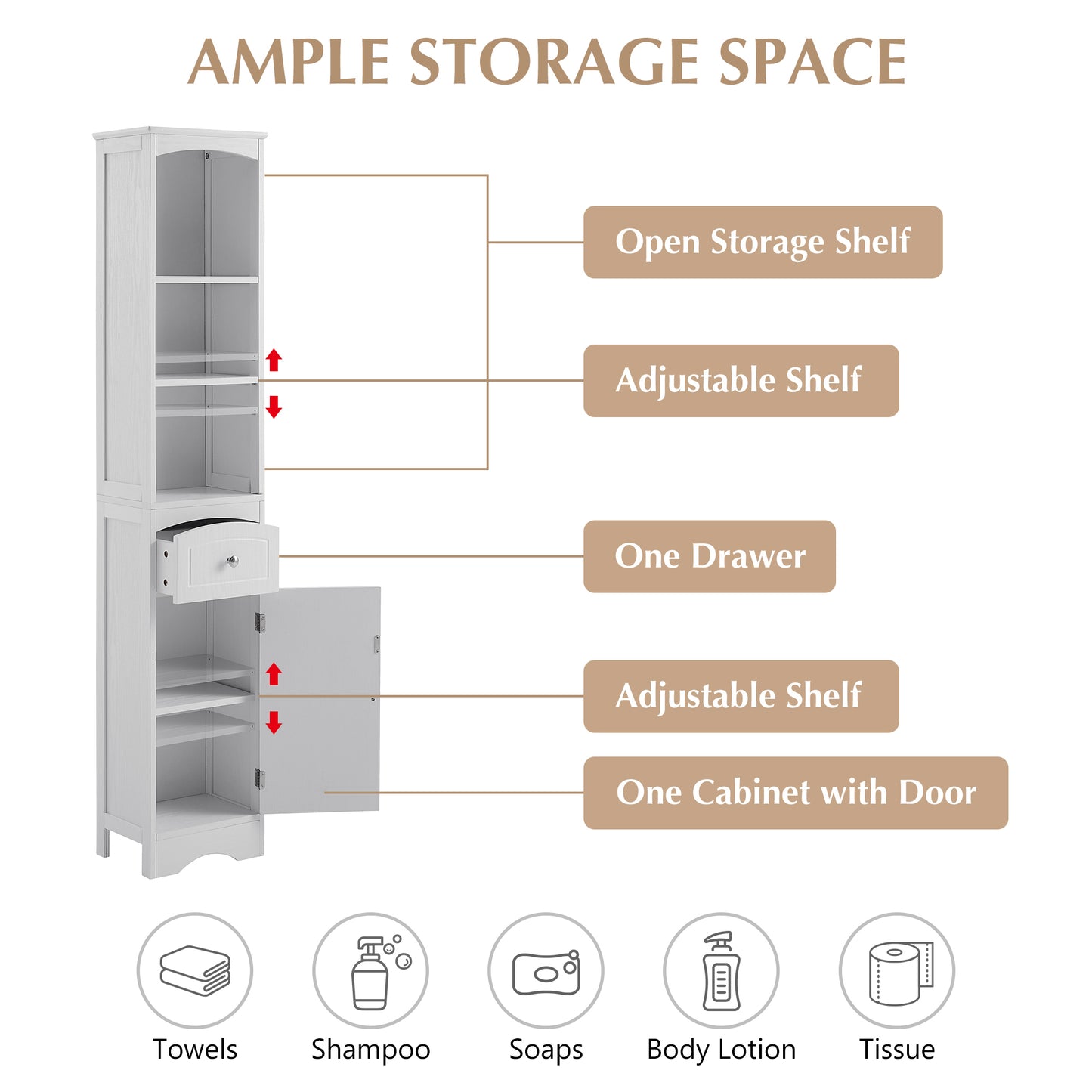 Tall Bathroom Cabinet, Freestanding Storage Cabinet with Drawer, MDF Board, Adjustable Shelf, White