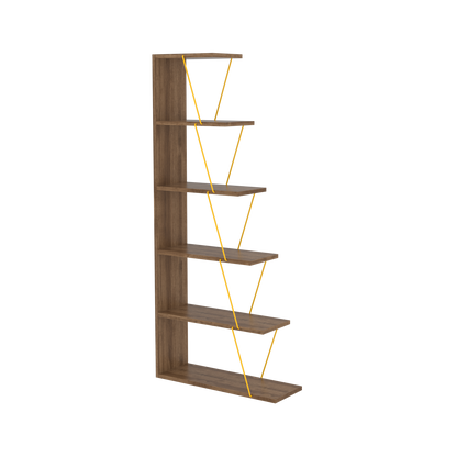 Furnish Home Store Modern 5 Tier Ladder Bookshelf Organizers, Narrow Bookshelf for Small Spaces Office Furniture Bookcase,Walnut/Yellow