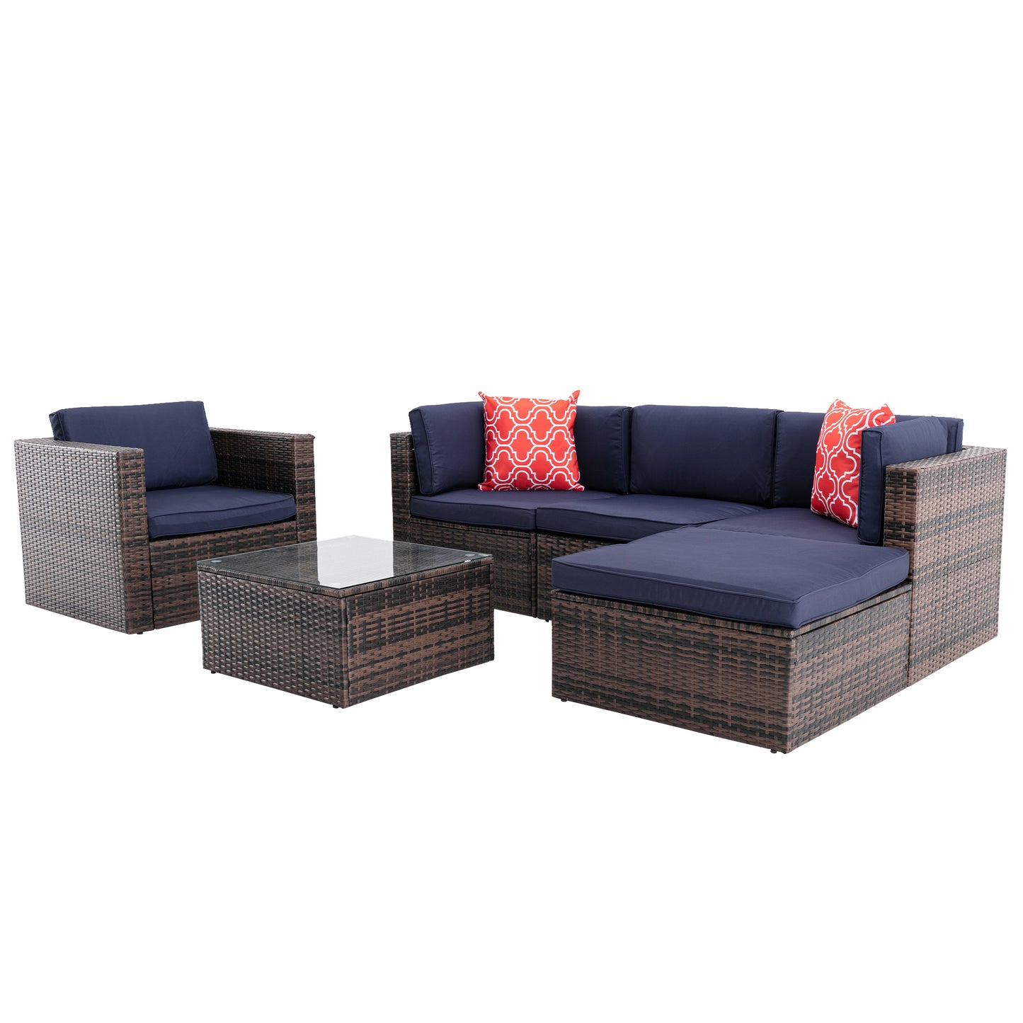 6Pcs Outdoor Garden Patio Furniture PE Rattan Wicker Sectional Cushioned Sofa Sets with 2 Pillows and Coffee Table