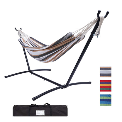 Double Classic Hammock with Stand for 2 Person- Indoor or Outdoor Use-with Carrying Pouch-Powder-coated Steel Frame - Durable 450 Pound Capacity，Brown/Gray Striped