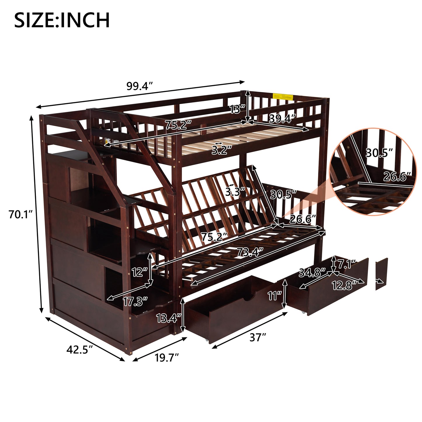 Twin over Full Bunk Bed with Two Drawers and Staircase, Down Bed can be Converted into Daybed,Espresso