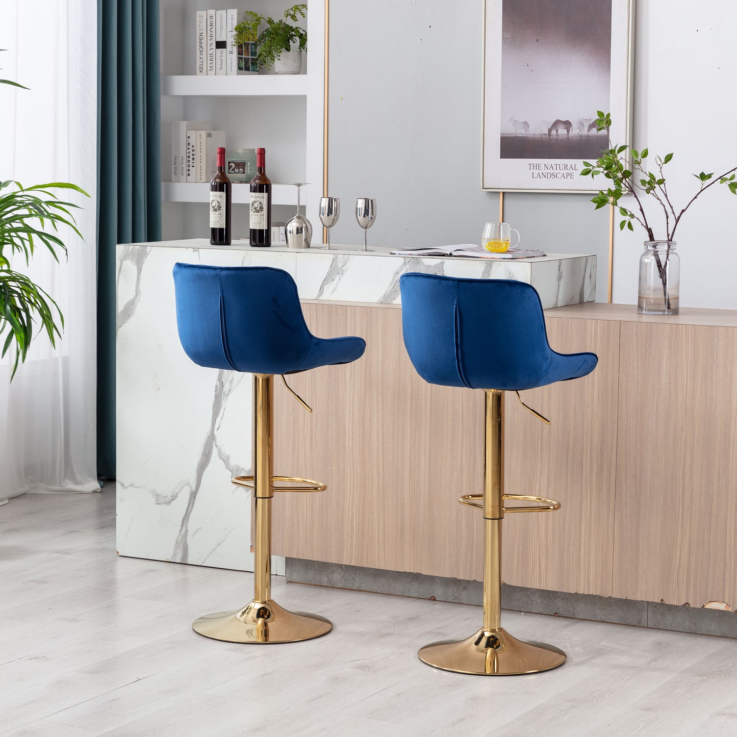 Chrome Footrest and Base Swivel Height Adjustable Mechanical Lifting Velvet + Golden Leg Simple Bar Stool,Set of 2,Navy