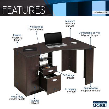 Techni Mobili Classic Office Desk with Storage, Espresso