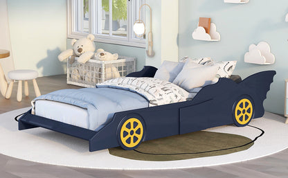 Twin Size Race Car-Shaped Platform Bed with Wheels,Blue+Yellow