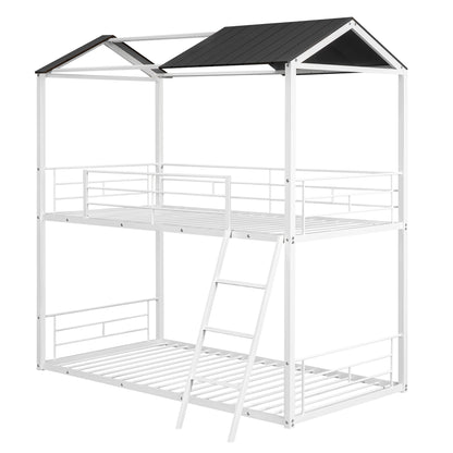 Twin Over Twin Bunk Bed Metal Bed with Half Roof, Guardrail and Ladder White