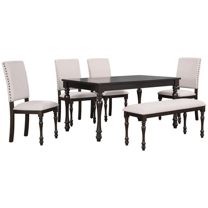 TREXM 6-Piece Wood Dining Table Set Rectangular Table with Turned Legs, 4 Upholstered Chairs and Bench for Dining Room (Espresso)