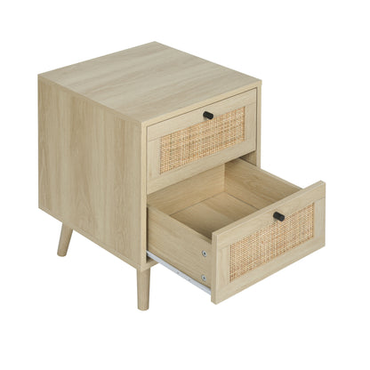 Rattan Nightstand,Bedside Table with 2 Rattan Drawers,Ratten End Table with Storage, Light Wood Rattan Accent Table for Living Room Bedroom,Natural