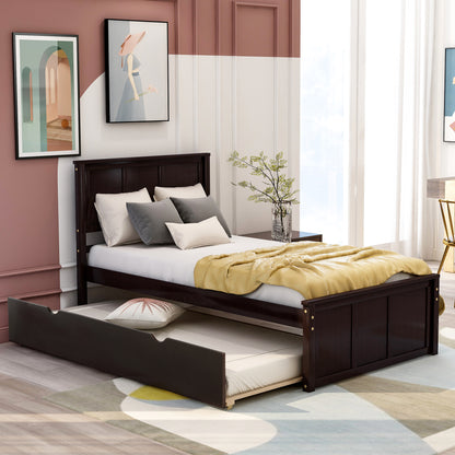 Platform Bed with Twin Size Trundle, Twin Size Frame, Espresso (New SKU:WF283063AAP)