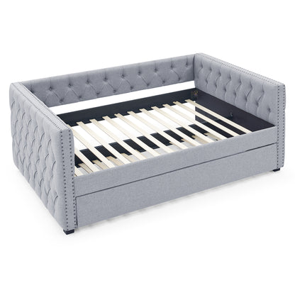 Daybed with Trundle Upholstered Tufted Sofa Bed, with Button and Copper Nail on Square Arms，Full Daybed & Twin Trundle, Grey（85“x57”x31.5“）