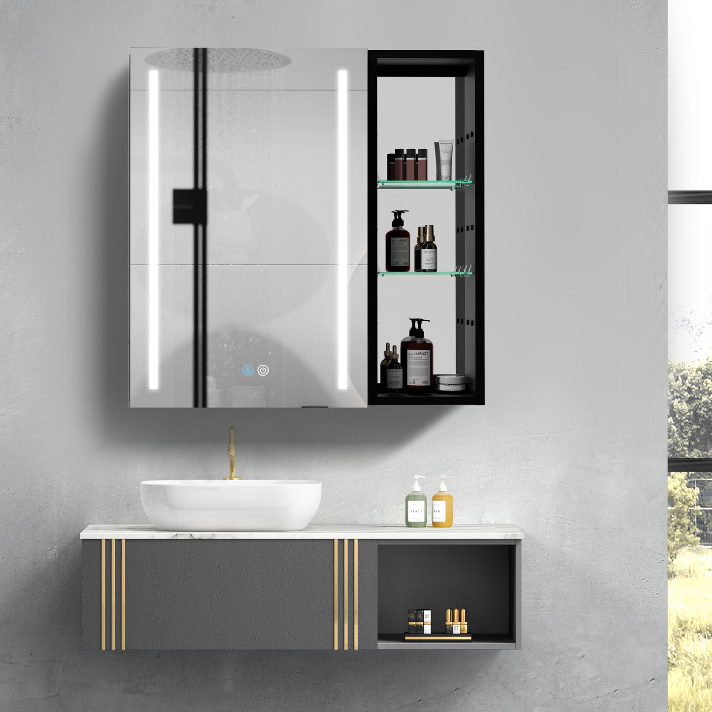 30x30 Inch Bathroom Medicine Cabinets Surface Mounted Cabinets With Lighted Mirror Left Defogging, Small Cabinet No Door