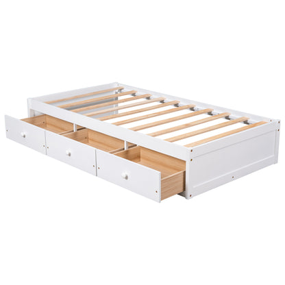 Twin Size Platform Storage Bed with 3 Drawers,White