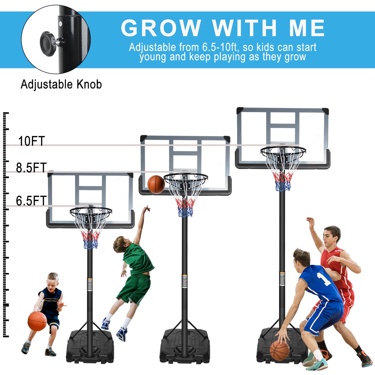 Portable Basketball Hoop Backboard System Stand Height Adjustable 6.6ft - 10ft with 42 Inch Backboard and Wheels for Adults Teens Outdoor Indoor Basketball Goal Game Play Set