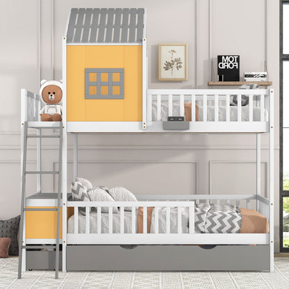 Twin over Twin Bunk Bed with Twin Size Trundle , Farmhouse Bed with Storage Box and Drawer - Yellow