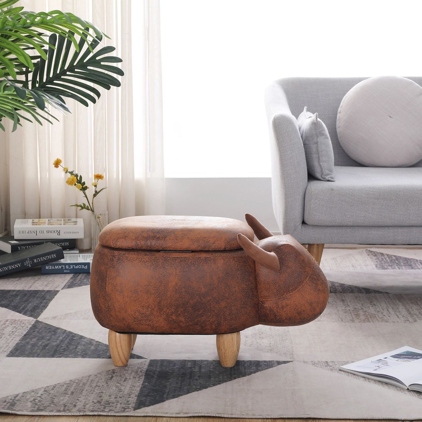 Decorative animal storage stool for kids, ottoman bedroom furniture, brown kids footstool, cartoon chair for home with solid wood legs, decorative footstool for office, bedroom, living room