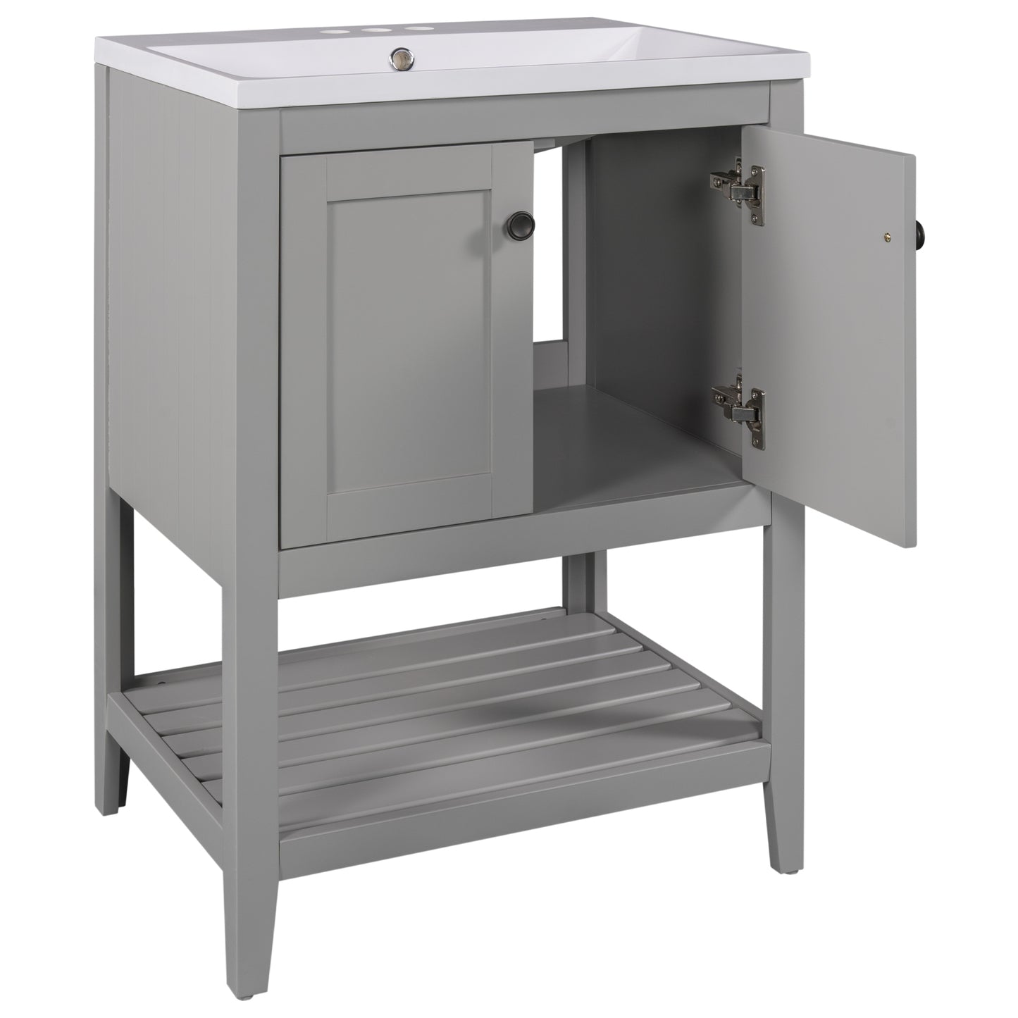 [VIDEO] 24" Grey Modern Sleek Bathroom Vanity Elegant Ceramic Sink with Solid Wood Frame Open Style Shelf (OLD SKU: JL000001AAE)