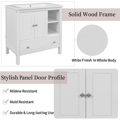 [VIDEO] 30" Bathroom Vanity with Sink, Bathroom Storage Cabinet with Doors and Drawers, Solid Wood Frame, Ceramic Sink, White