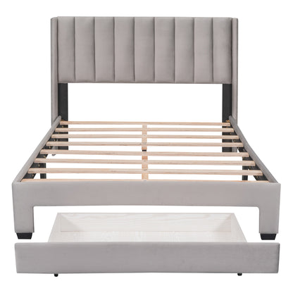 Full Size Storage Bed Velvet Upholstered Platform Bed with a Big Drawer - Gray