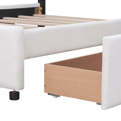 Upholstered Platform Bed with Classic Headboard and 4 Drawers, No Box Spring Needed, Linen Fabric, Queen Size White