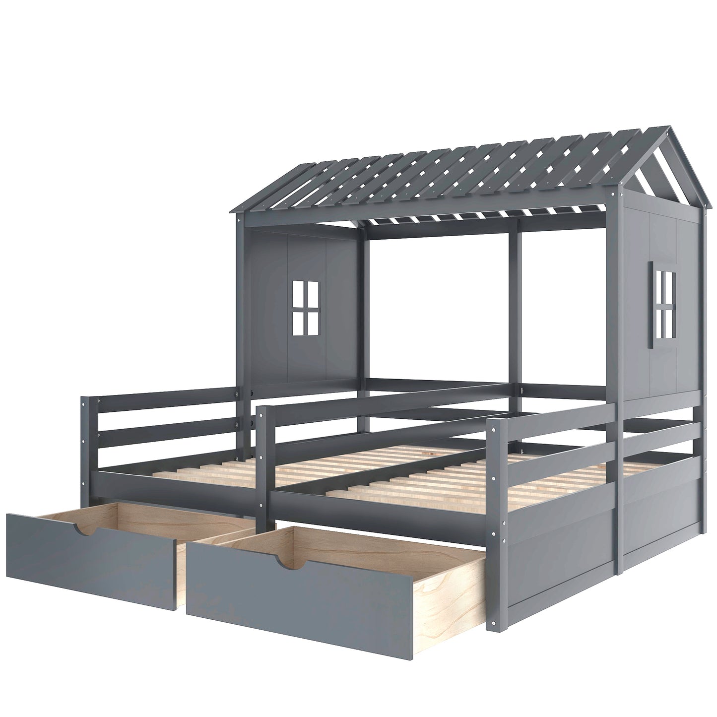 Twin Size House Platform Beds with Two Drawers for Boy and Girl Shared Beds, Combination of 2 Side by Side Twin Size Beds,Grey