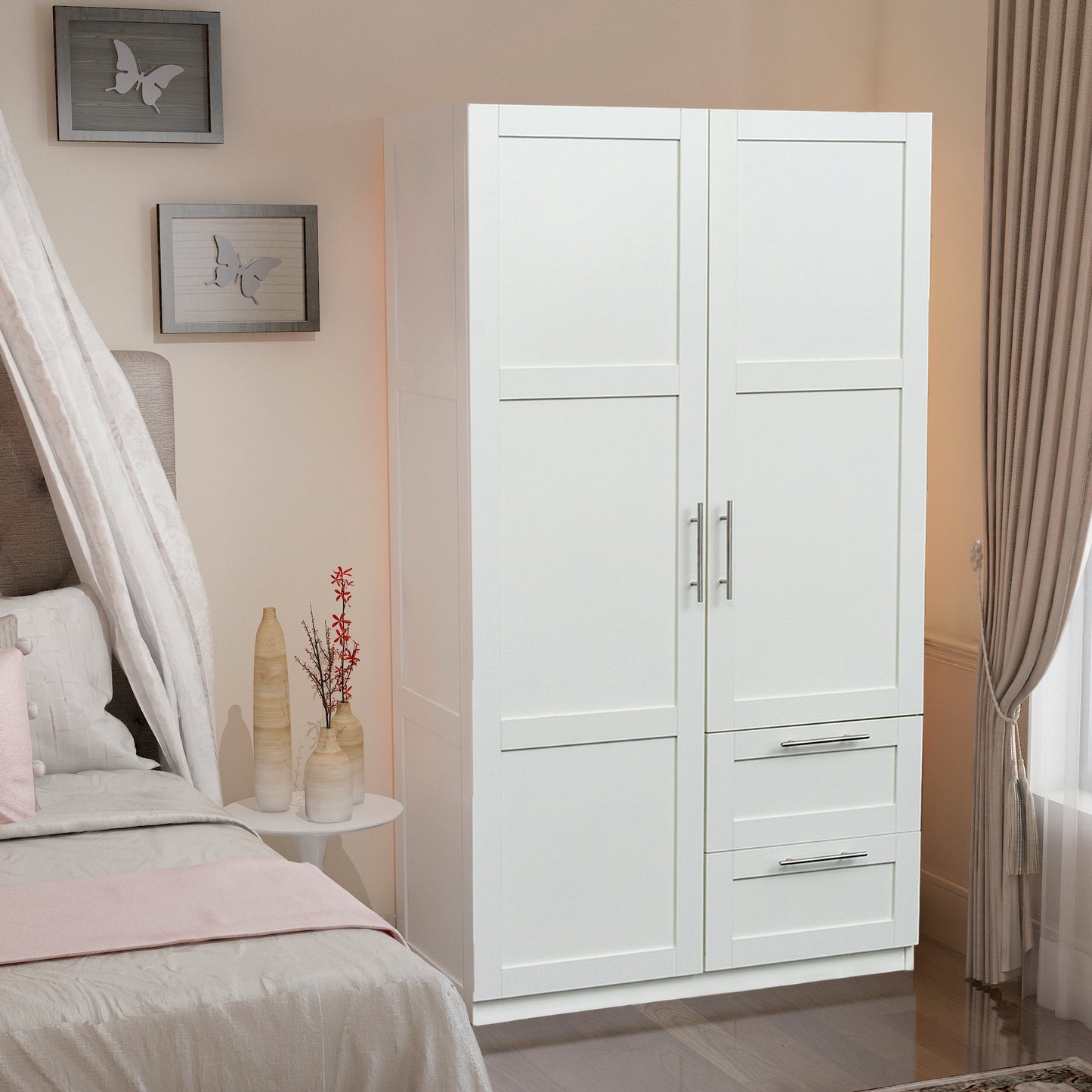 High wardrobe and kitchen cabinet with 2 doors, 2 drawers and 5 storage spaces,white