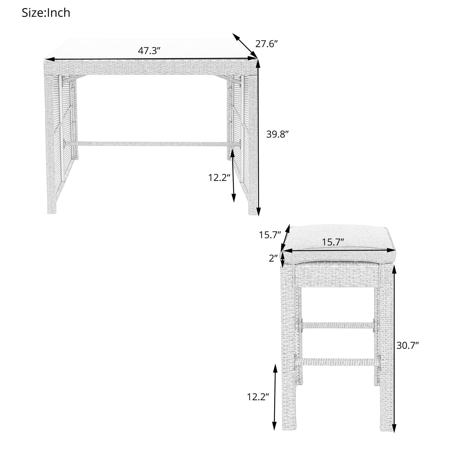 Topmax 5-piece Rattan Outdoor Patio Furniture Set Bar Dining Table Set with 4 Stools, Gray Cushion+Gray Wicker