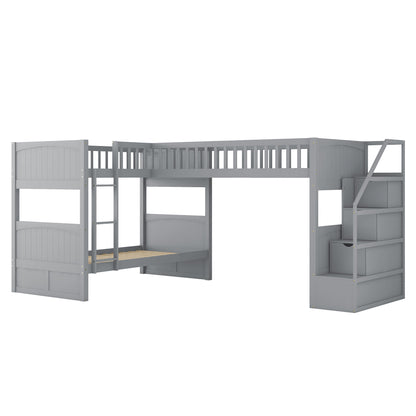 Twin over Twin Wooden L-Shaped Bunk Bed with Ladder and Stairway,Grey(OLD SKU:SM000303AAE-1)