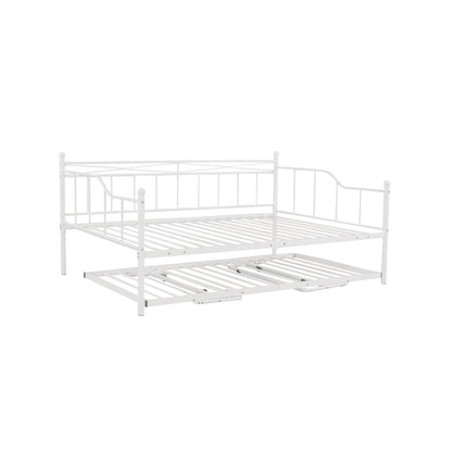 Full Size Metal Daybed with Twin Size Adjustable Trundle, Portable Folding Trundle, White