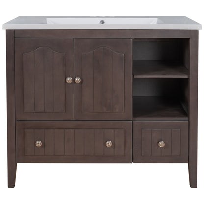 [VIDEO] 36" Bathroom Vanity with Ceramic Basin, Bathroom Storage Cabinet with Two Doors and Drawers, Solid Frame, Metal Handles, Brown