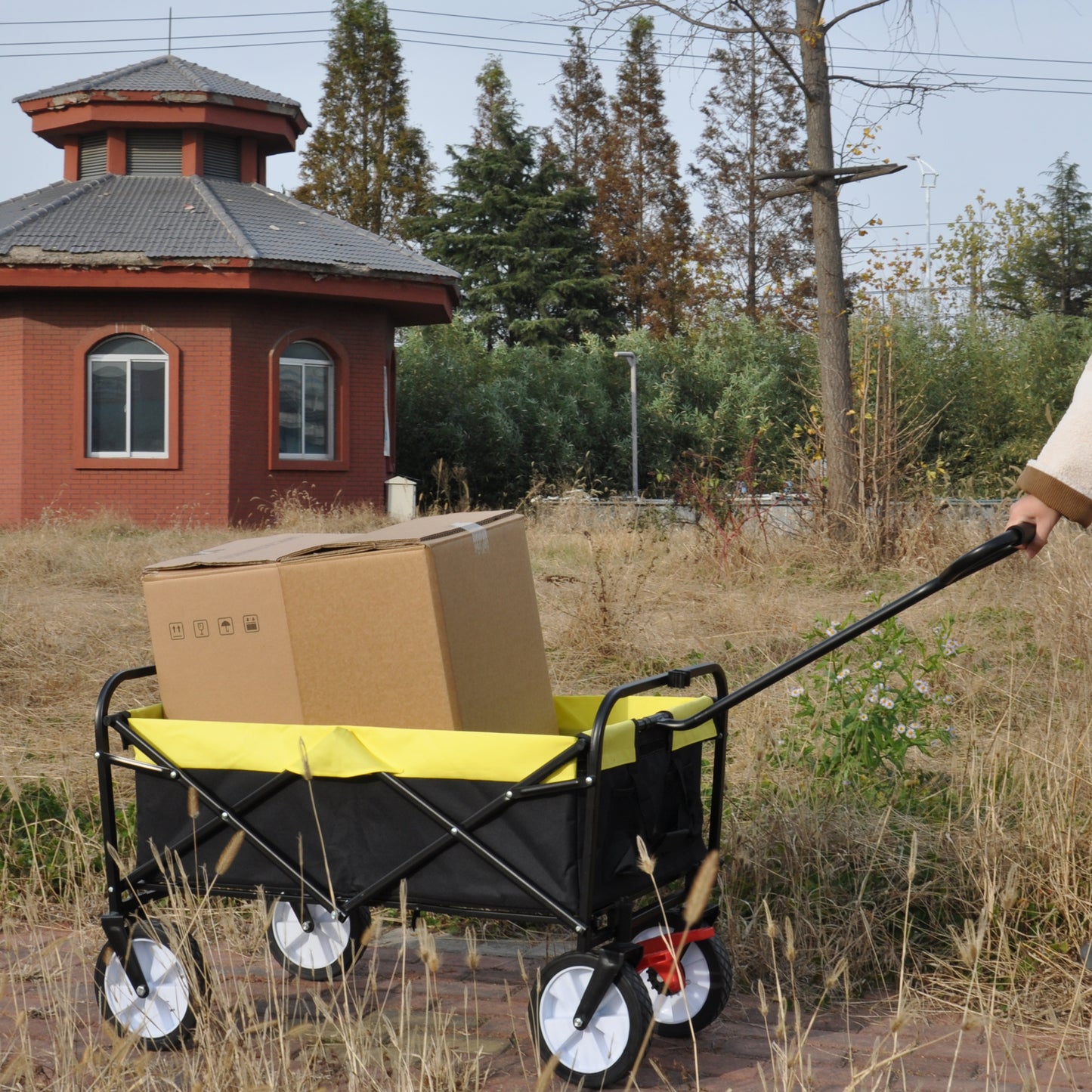 Folding Wagon Garden Shopping Beach Cart (black+yellow)