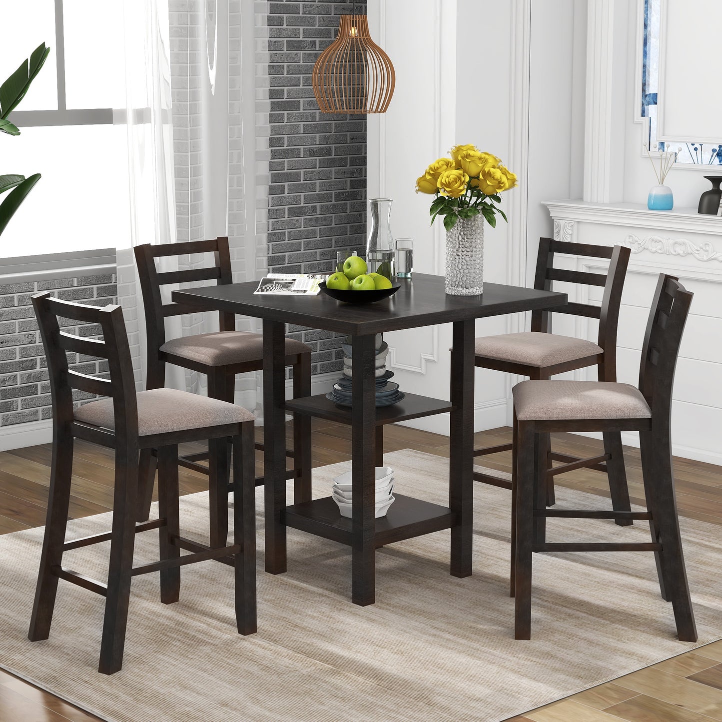 TREXM 5-Piece Wooden Counter Height Dining Set with Padded Chairs and Storage Shelving (Espresso)