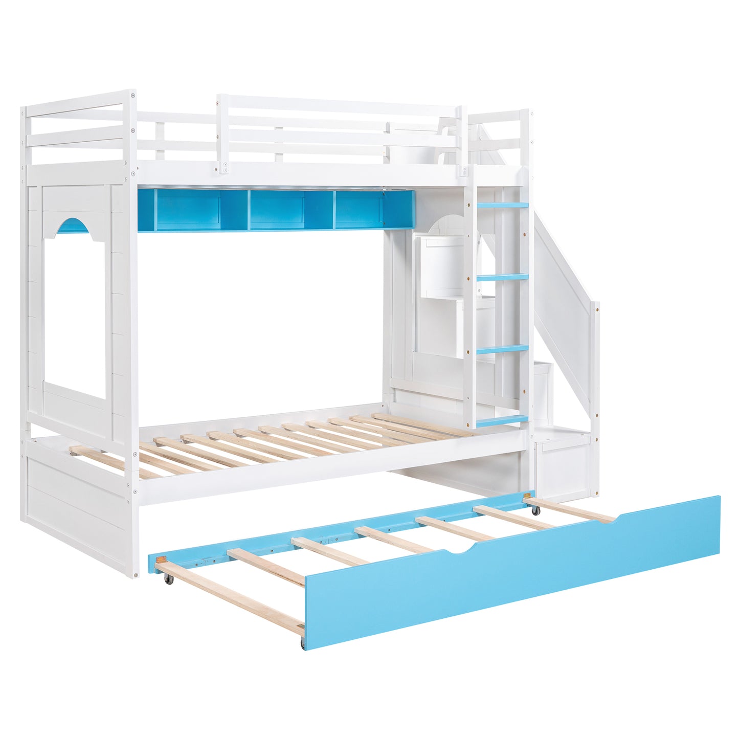 Twin Over Twin Bunk Bed with Trundle ,Stairs,Ladders Solid Wood Bunk bed with Storage Cabinet （White + Blue）